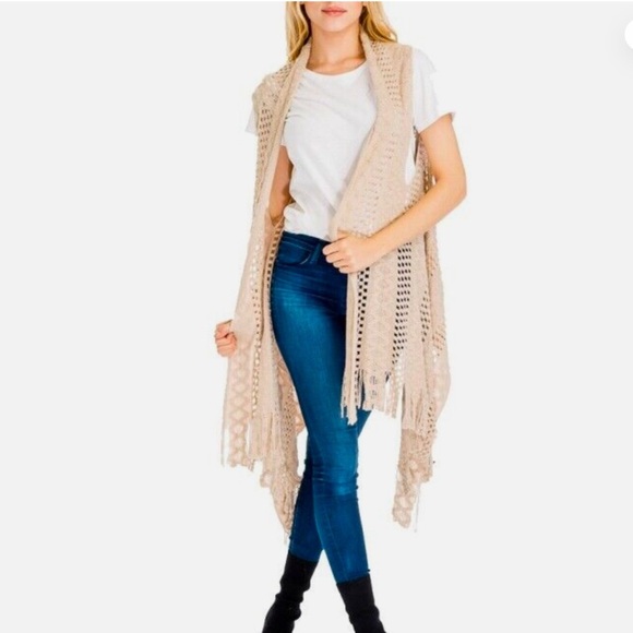 🟣 Women's Cream Sleeveless Light Knit Fringe Open Front Poncho Cardigan Vest - Picture 4 of 6